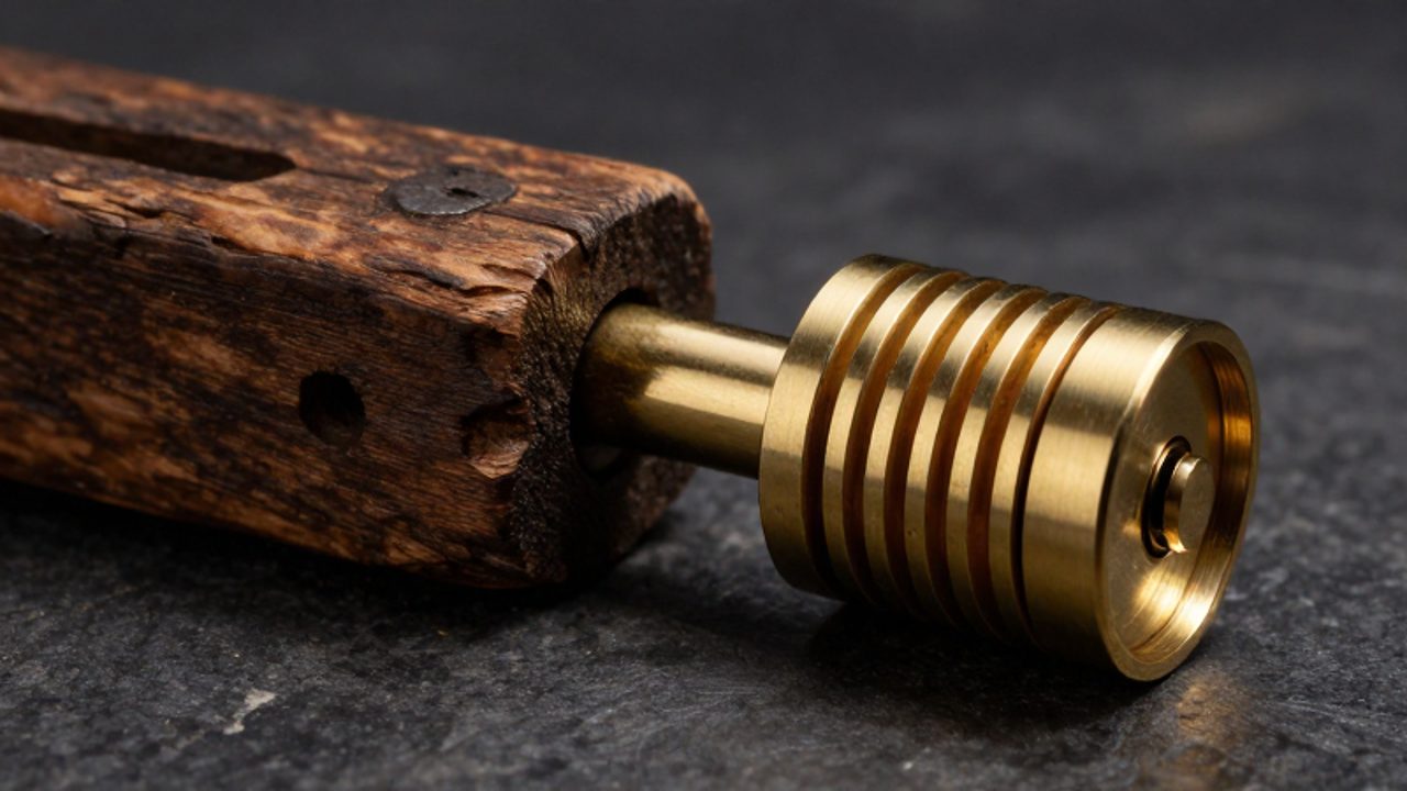 Transición visual entre un cerrojo de madera antiguo y desgastado y un cilindro de metal moderno y brillante sobre una superficie de piedra oscura.