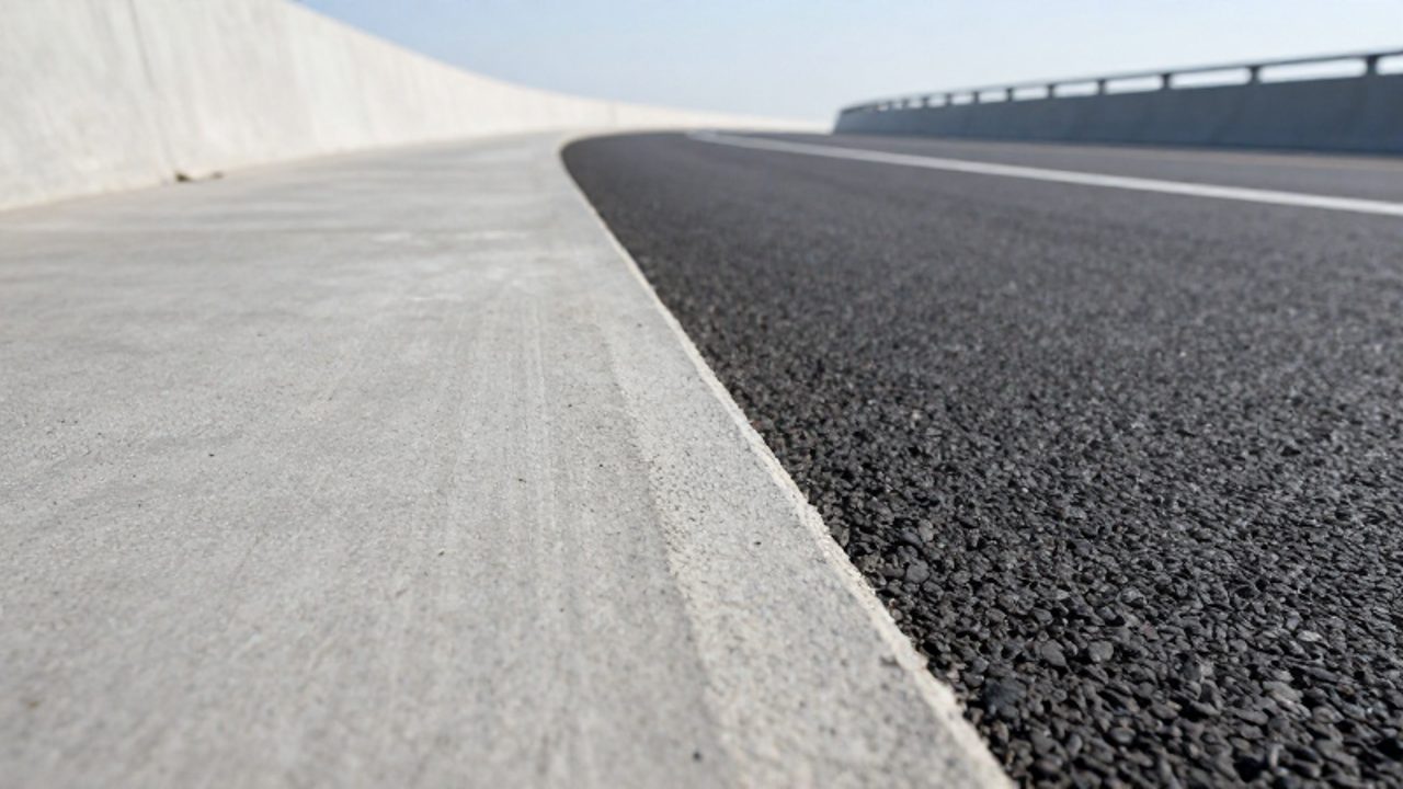 Primer plano del punto de unión entre una losa de hormigón texturizado y una capa de asfalto liso en una carretera moderna.