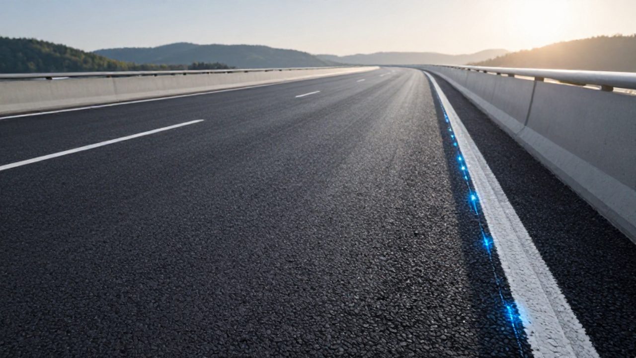 Carretera de asfalto moderno que se extiende hacia el horizonte con sensores y filamentos de fibra óptica integrados en sus laterales.