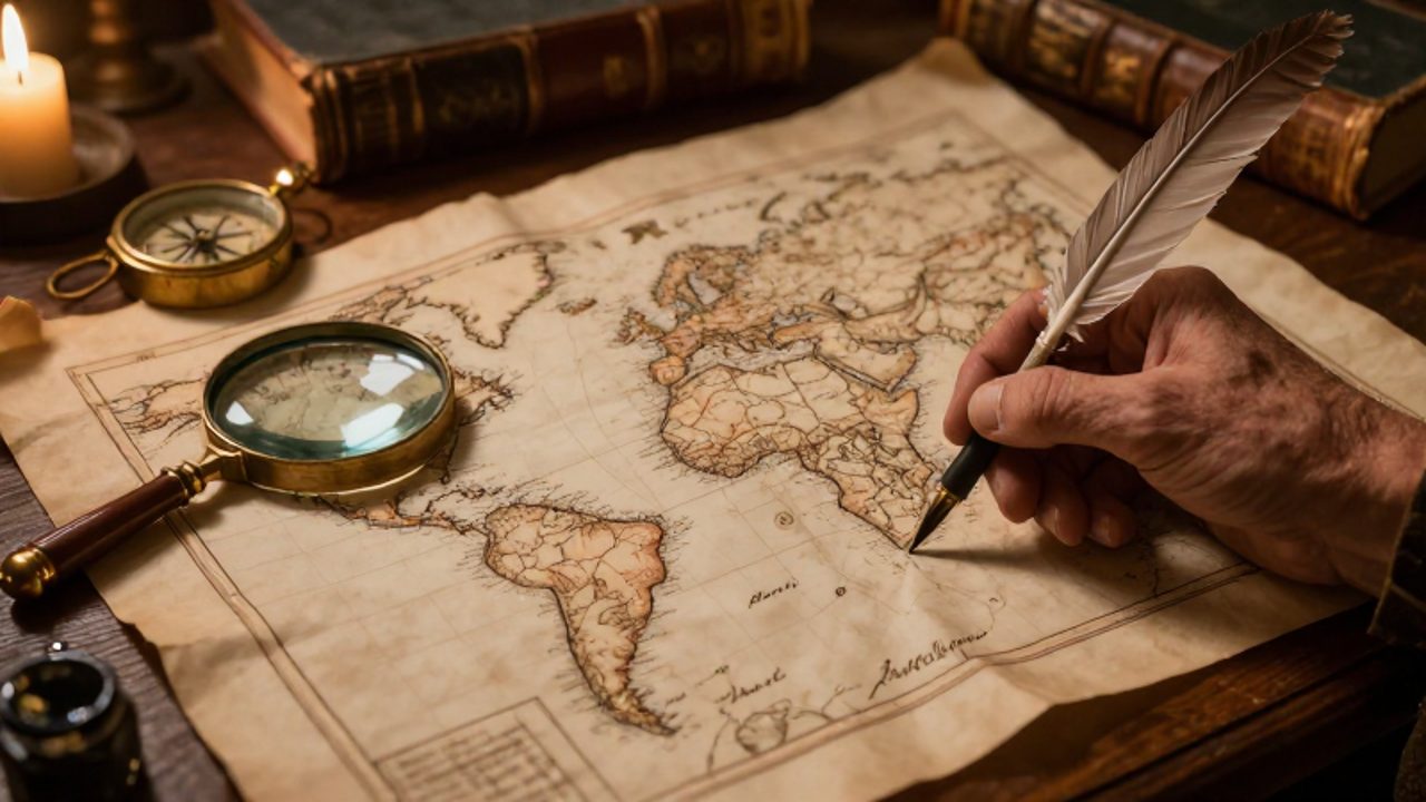 Una mano con una pluma traza la costa de un continente en un mapa antiguo sobre un escritorio de madera con herramientas de cartografía.