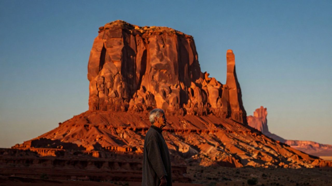 Un anciano navajo con vestimenta tradicional contempla los imponentes monolitos de arenisca roja en Monument Valley durante el atardecer.