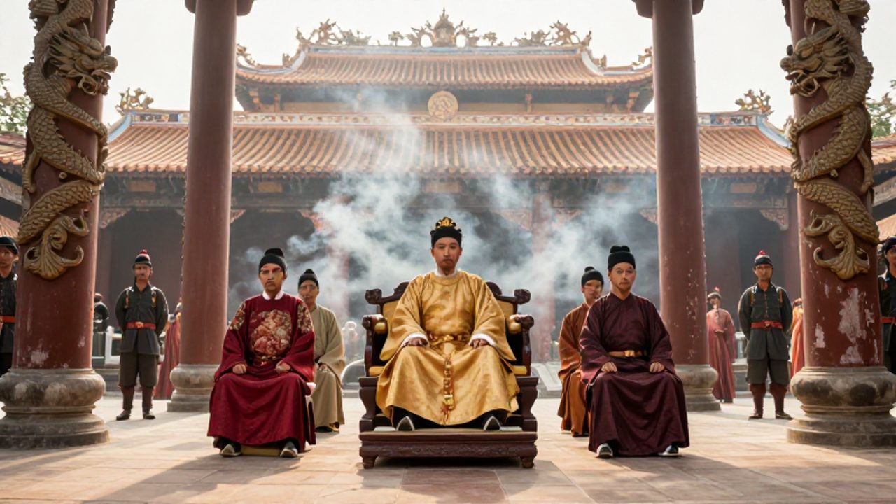 Un alto dignatura de la dinastía Nguyen sentado en un trono de madera rodeado de eruditos y soldados con vestiduras tradicionales en el patio de una ciudadela imperial.