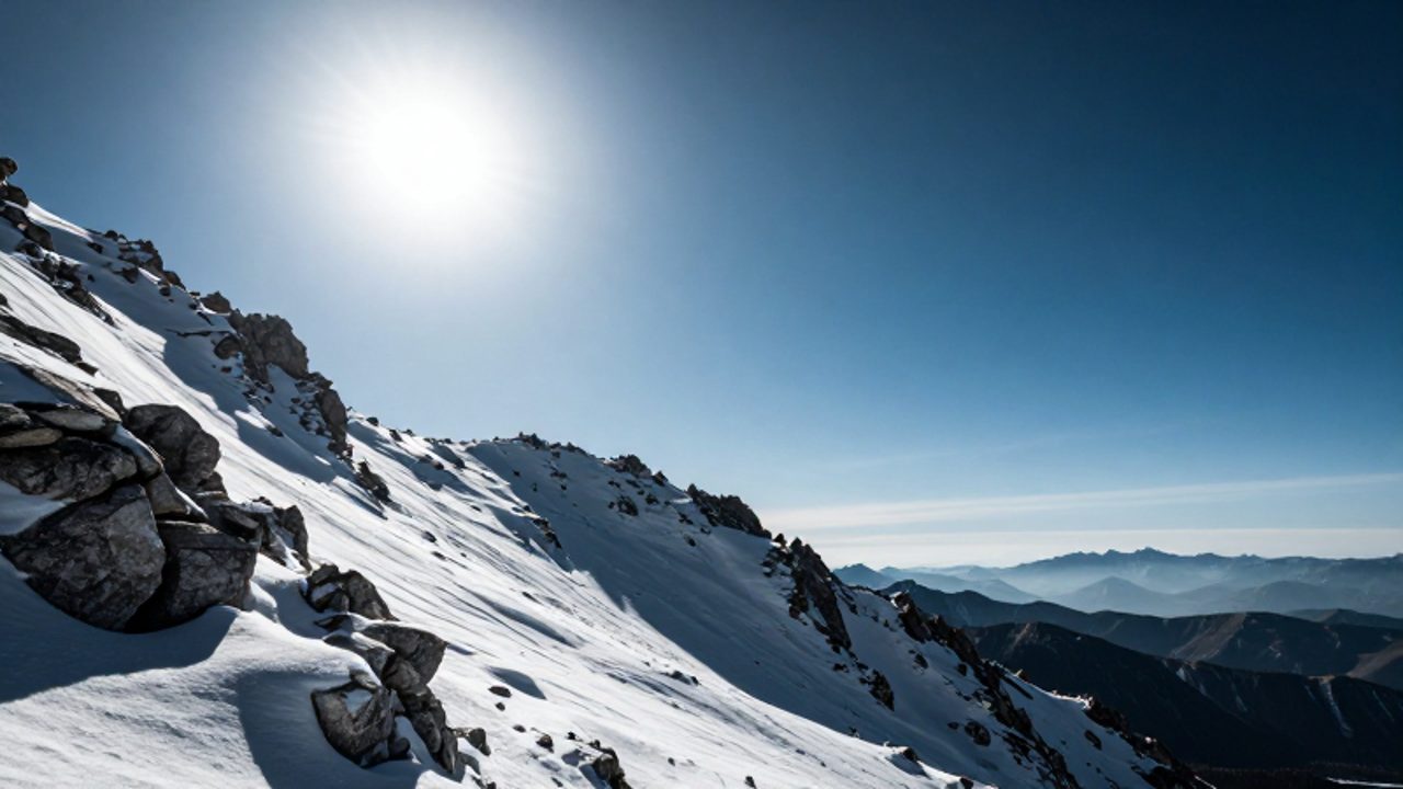 Paisaje de una cresta montañosa rocosa y nevada bajo un sol intenso, mostrando un cielo despejado que se funde con la oscuridad del espacio.