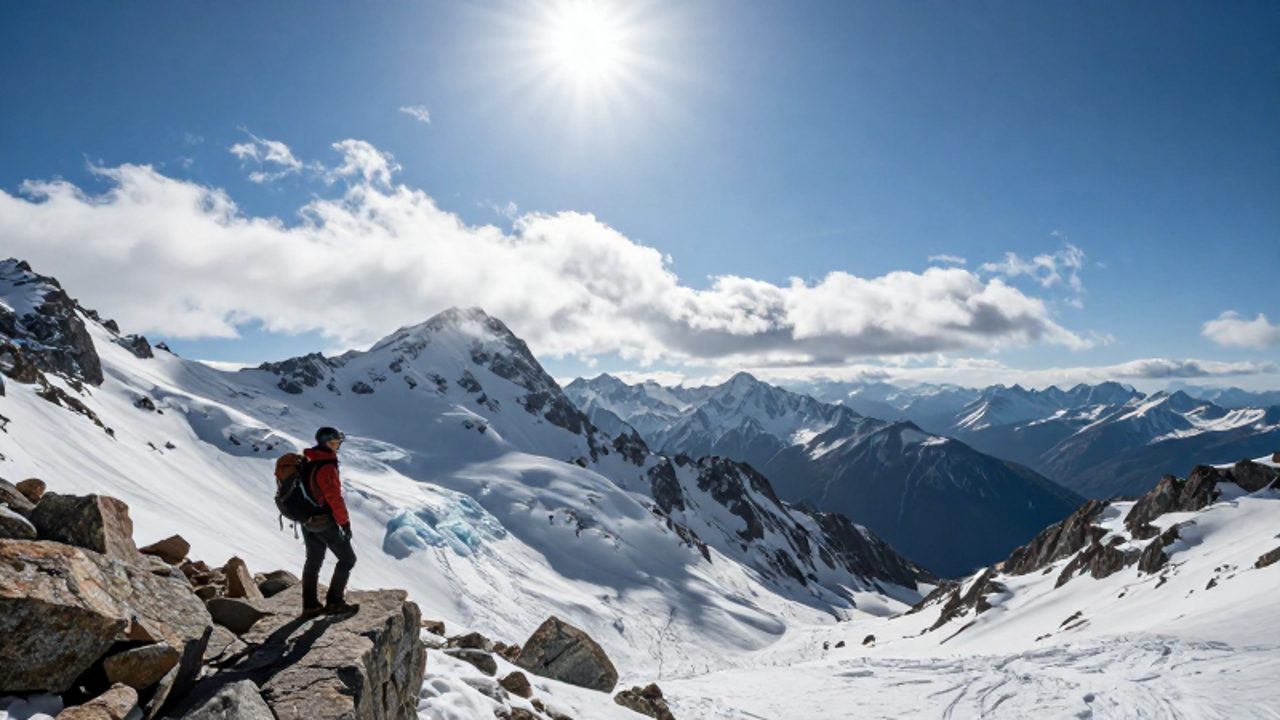 Un excursionista con equipo de montaña contempla un vasto valle desde la cima de una montaña nevada por encima de las nubes.