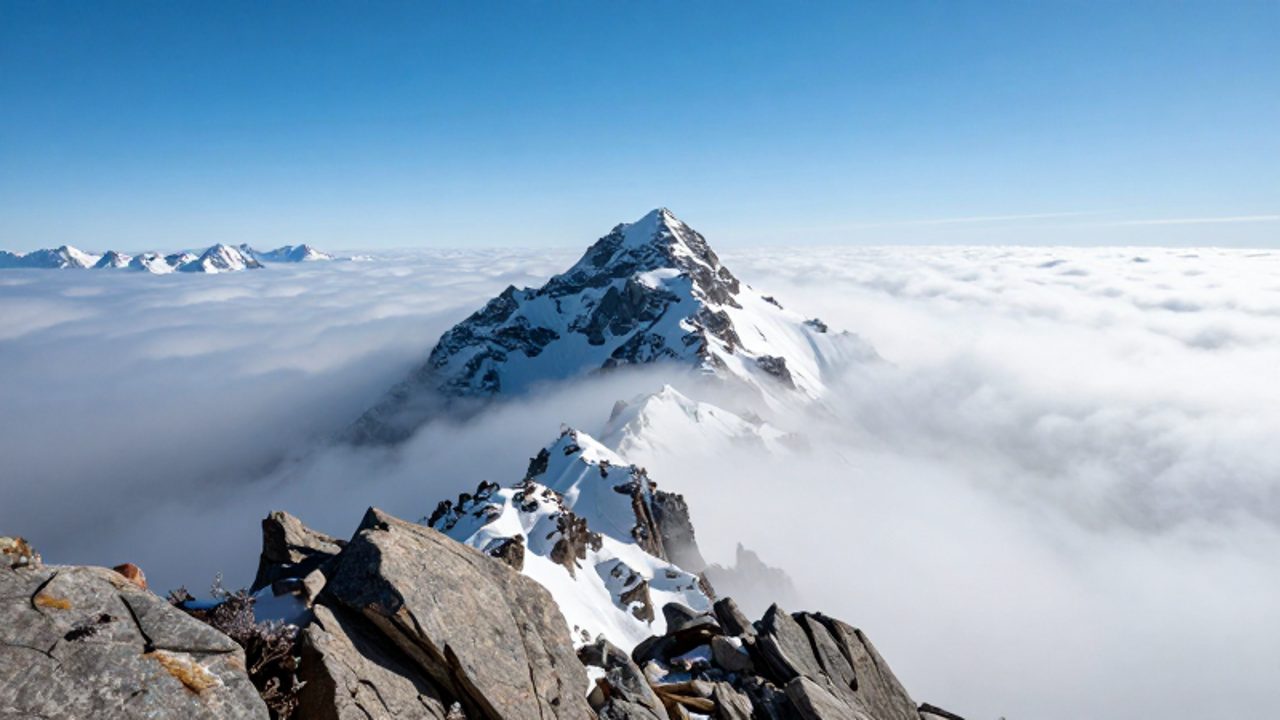 Pico montañoso de gran altura que sobresale por encima de un denso manto de nubes bajo un cielo azul despejado.
