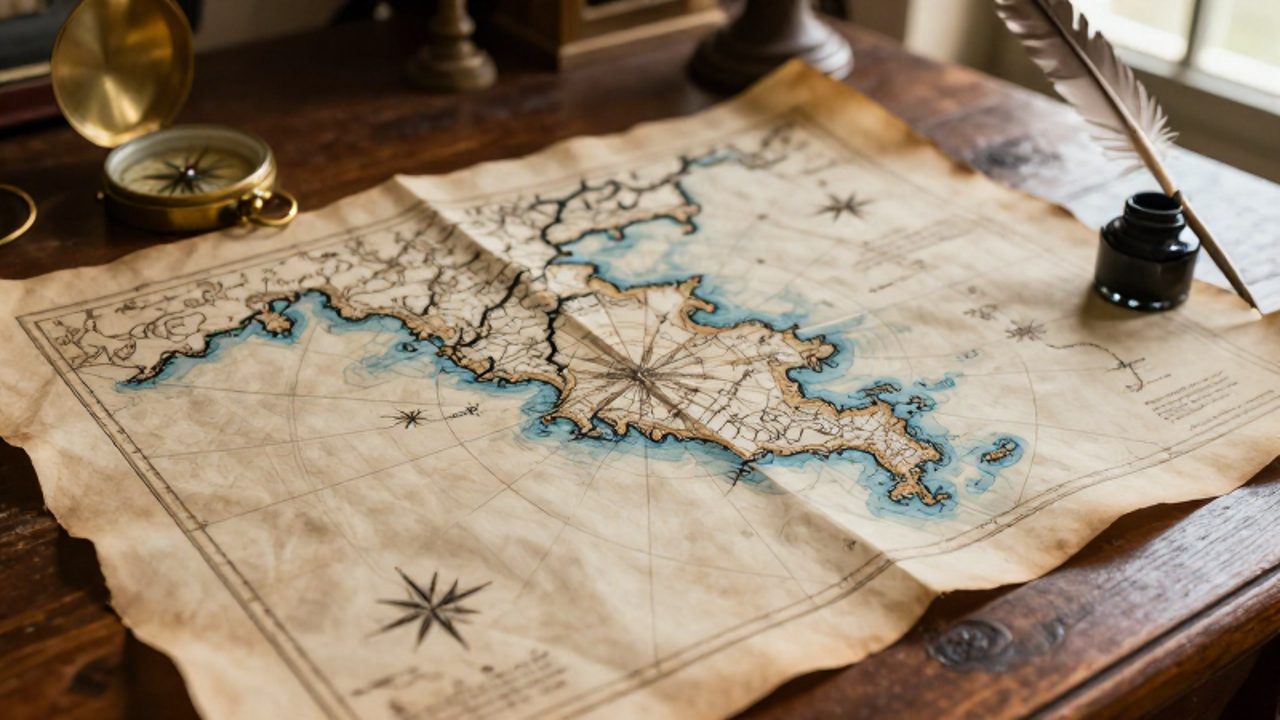 Mapa portulano sobre un escritorio de madera junto a una brújula de latón y una pluma, mostrando detalles de costas y líneas de rumbo trazadas sobre pergamino antiguo.