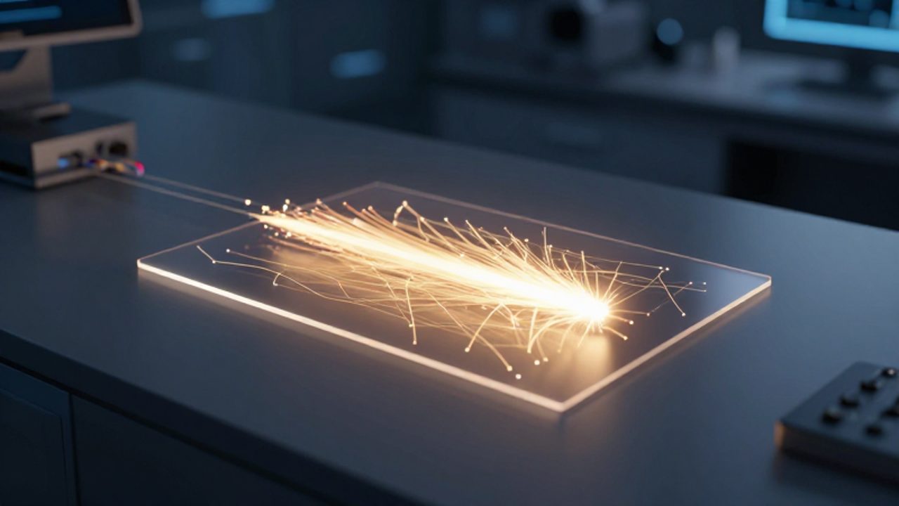 Un panel de vidrio traslúcido flota sobre un escritorio oscuro, mostrando un pulso de luz dorada que recorre unas finas venas digitales para representar una ejecución basada en eventos.