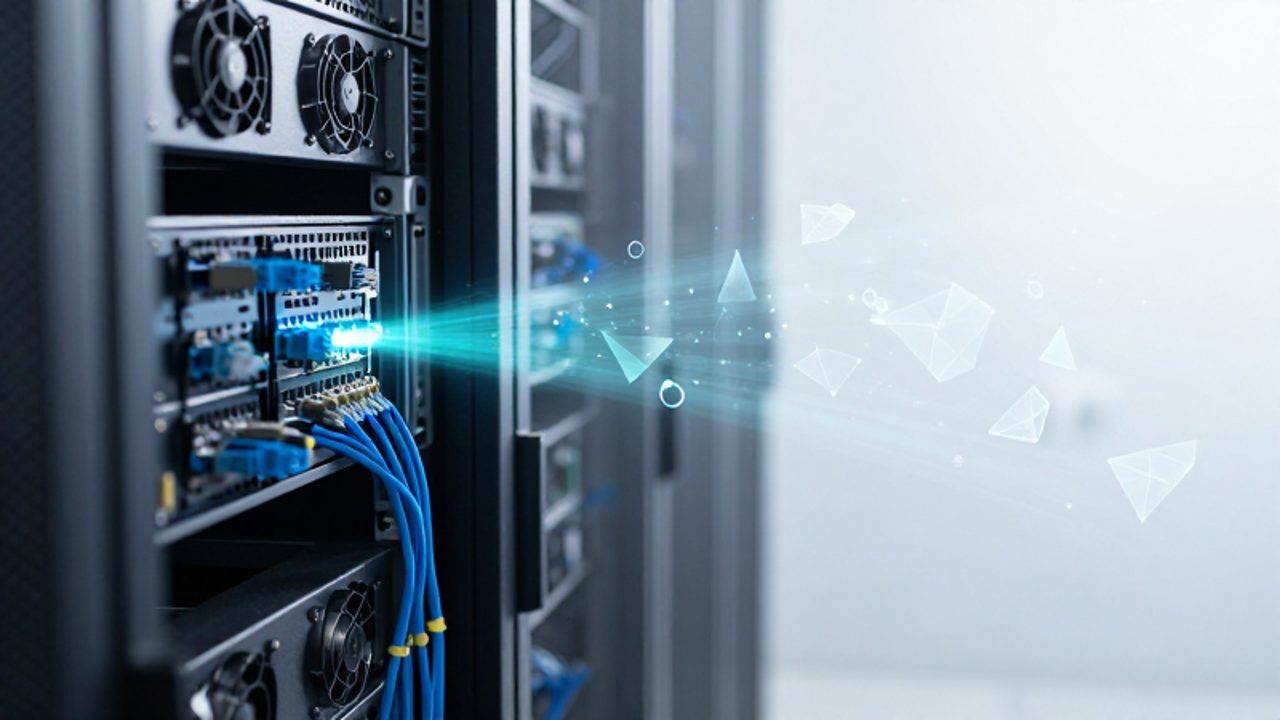 Comparativa visual entre un cuarto de servidores saturado con cables y hardware físico frente a un entorno digital minimalista de nodos y partículas de luz que simboliza la computación sin servidor.