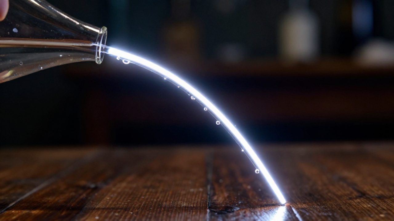 Un haz de luz blanca viaja a través de un chorro de agua curvo en un laboratorio antiguo, demostrando el fenómeno de la reflexión interna total.