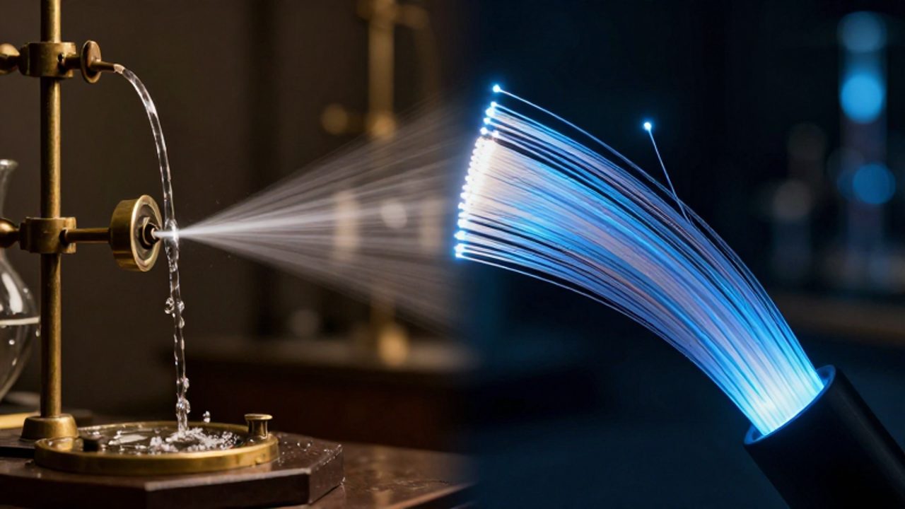 Comparativa entre un chorro de agua con luz reflejada en un laboratorio antiguo y un haz de cables de fibra óptica modernos que emiten pulsos de luz azul.