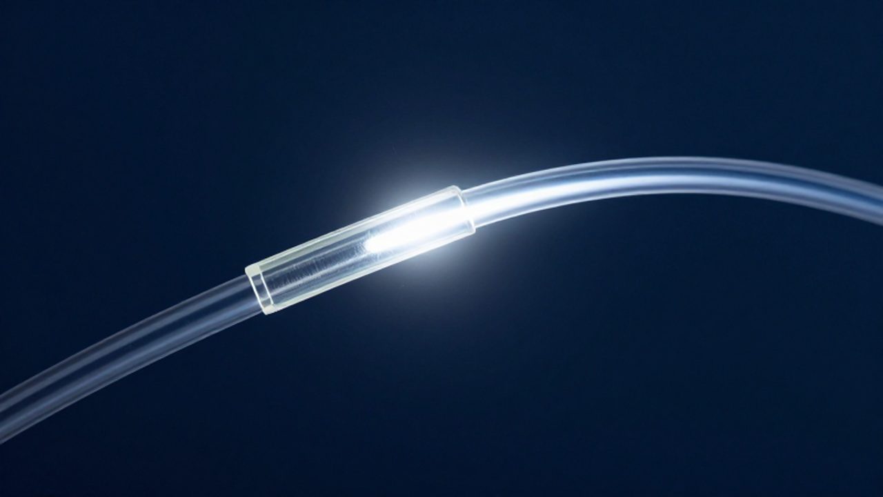 Un hilo de fibra óptica de vidrio curva sobre un fondo oscuro mientras un haz de luz blanca brillante viaja a través de su núcleo.