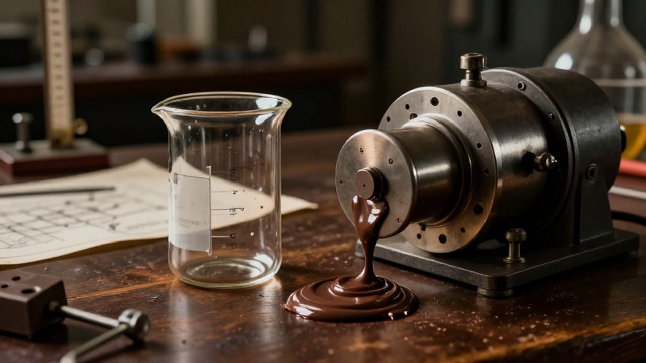 Un trozo de chocolate derretido sobre un banco de madera en un laboratorio de los años 40, junto a un magnetrón industrial y material de ingeniería.
