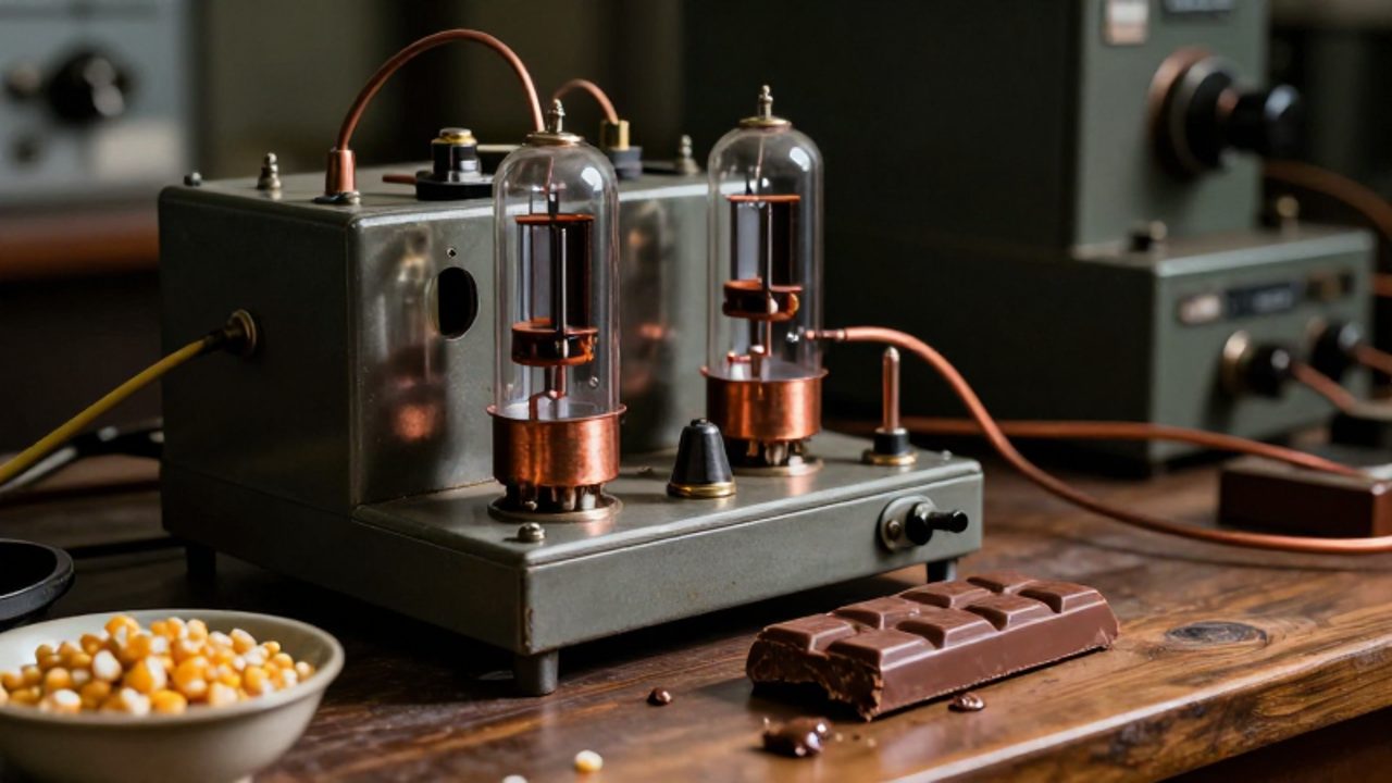 Un magnetrón antiguo sobre un escritorio de laboratorio junto a una barra de chocolate derretida y granos de maíz.
