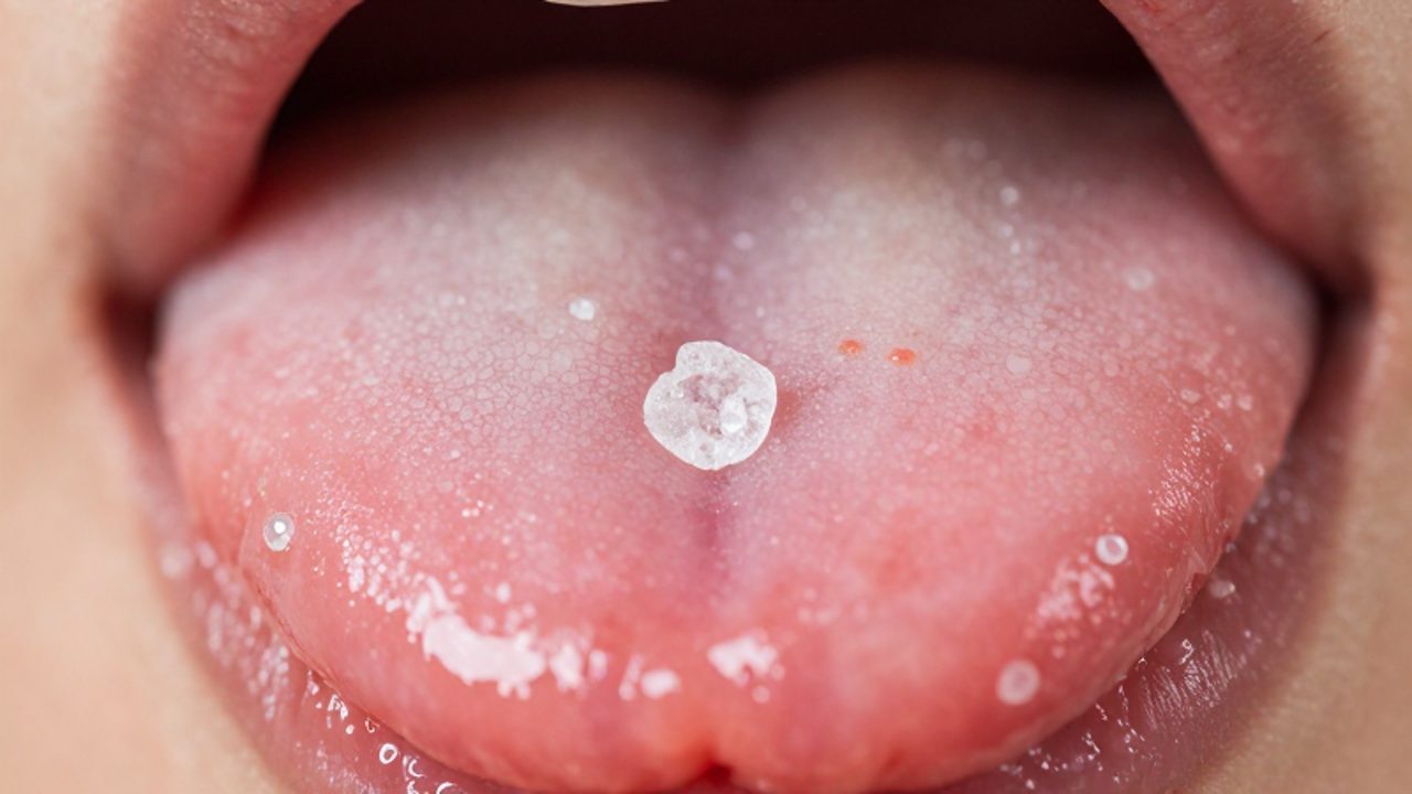 Primer plano macro de un cristal de azúcar tocando las papilas gustativas sobre la superficie de una lengua humana.
