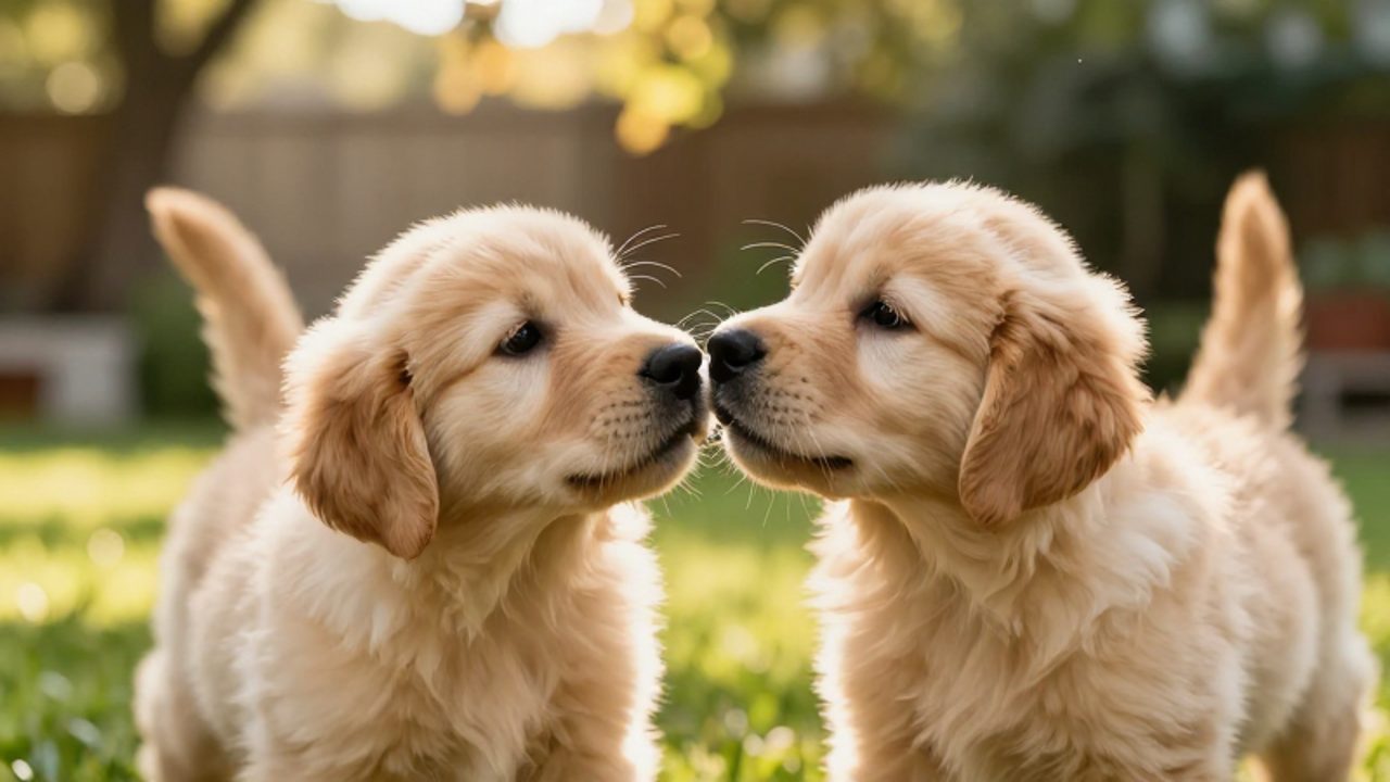 Dos cachorros de golden retriever juegan entre sí sobre el césped de un jardín soleado.