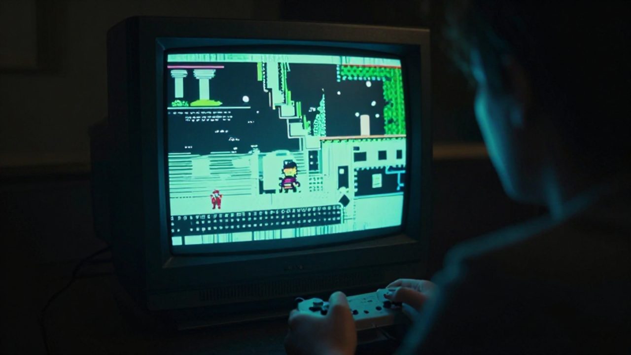Persona sentada en una habitación oscura frente a un televisor antiguo que muestra un videojuego con errores visuales y distorsiones digitales.