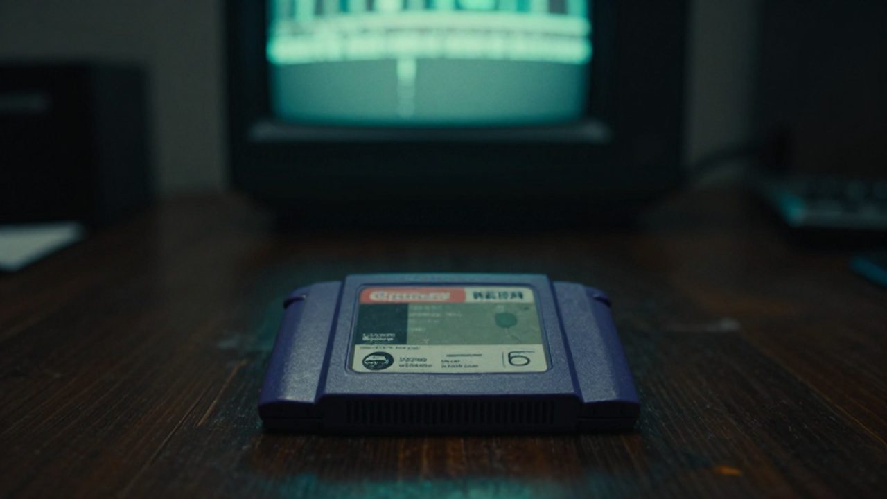 Cartucho de Nintendo 64 desgastado sobre un escritorio de madera frente a un televisor antiguo que emite una luz verde tenue en una habitación oscura.