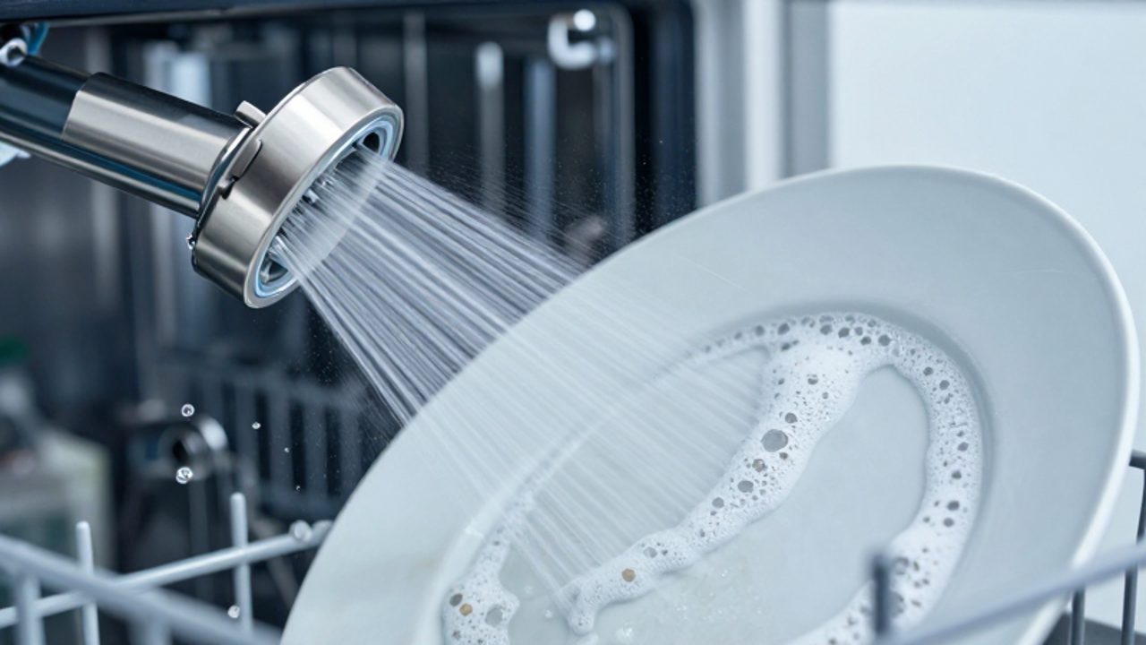 Gotas de agua pulverizadas por un brazo rociador metálico impactan sobre un plato de porcelana, creando espuma y turbulencias que desprenden la suciedad.