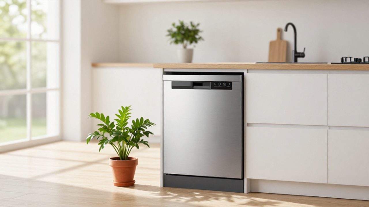 Lavavajillas de acero inoxidable integrado en una cocina minimalista y luminosa junto a una pequeña planta verde sobre una encimera de madera.
