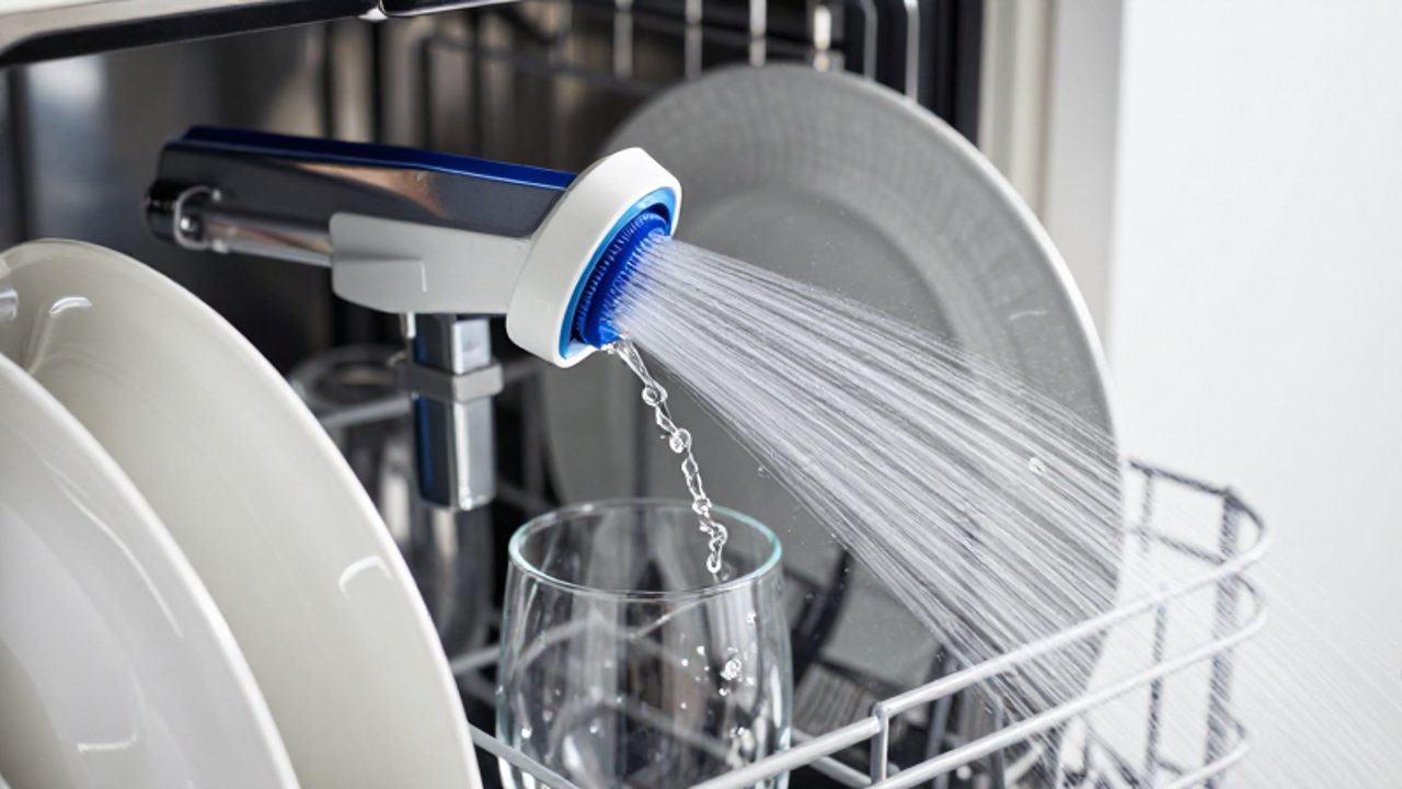 Agua a presión sale de un brazo rociador dentro de un lavavajillas moderno mientras limpia platos de porcelana y vasos de cristal.