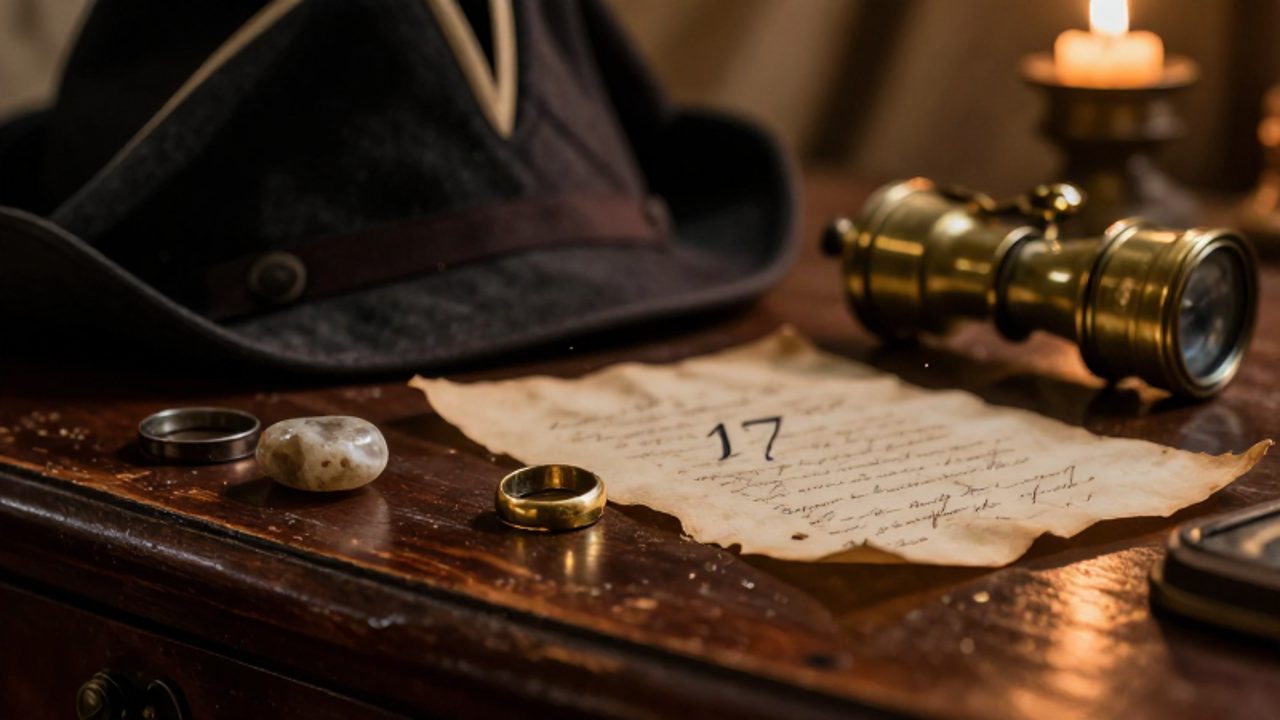 Colección de objetos personales sobre un escritorio de madera, incluyendo un anillo de oro, una piedra árabe y un pergamino con el número 17.