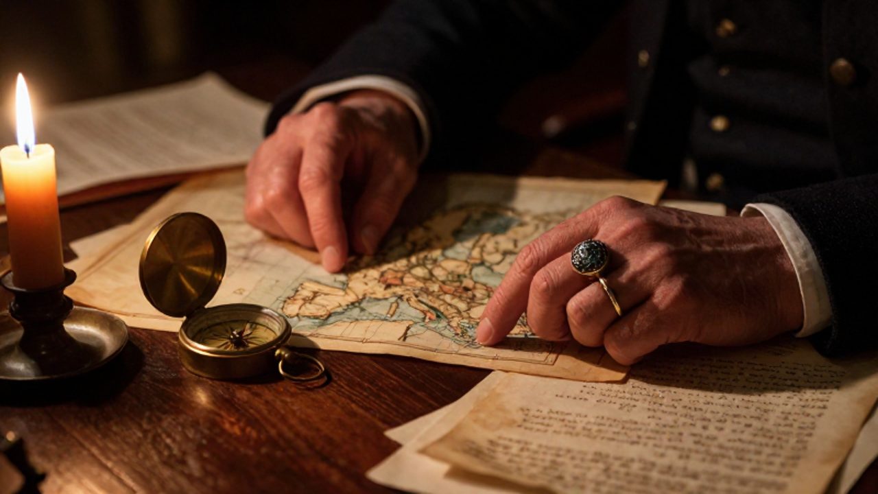Manos de Napoleón Bonaparte sobre un escritorio de madera junto a un mapa antiguo, un compás de latón y un amuleto de piedra árabe.