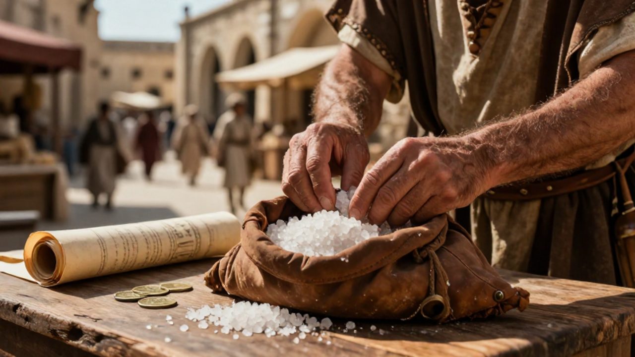 Un comerciante romano cuenta cristales de sal sobre una mesa de madera en un mercado mediterráneo antiguo.