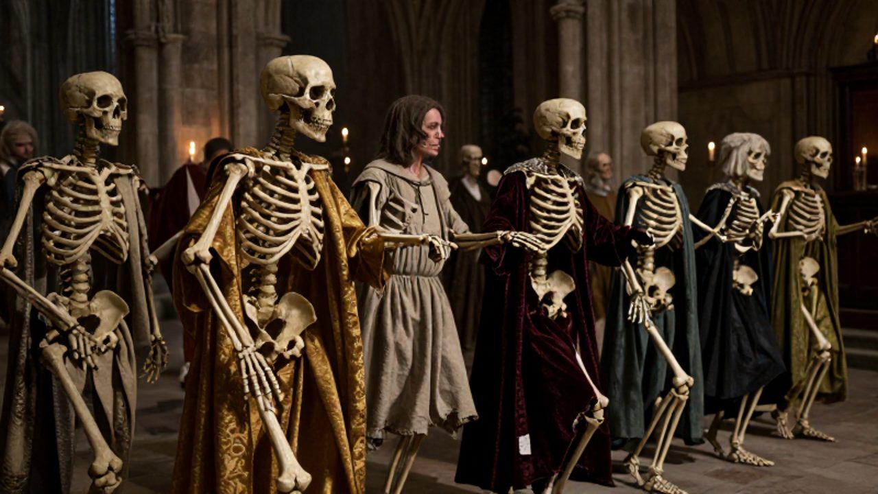 Esqueletos con vestiduras medievales participan en una procesión de danza dentro de una catedral gótica junto a personas de distintas clases sociales.