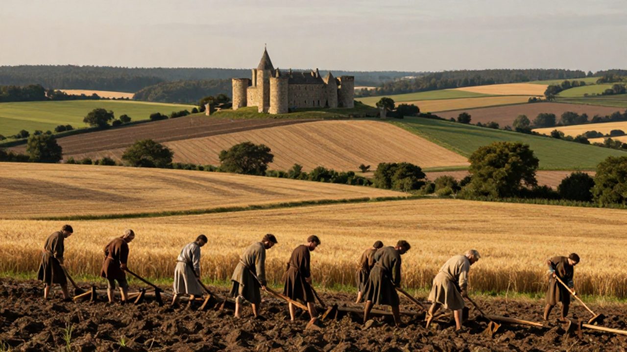 Campesinos trabajando la tierra en primer plano con un castillo fortificado y campos de cultivo al fondo, representando la jerarquía social del sistema feudal.