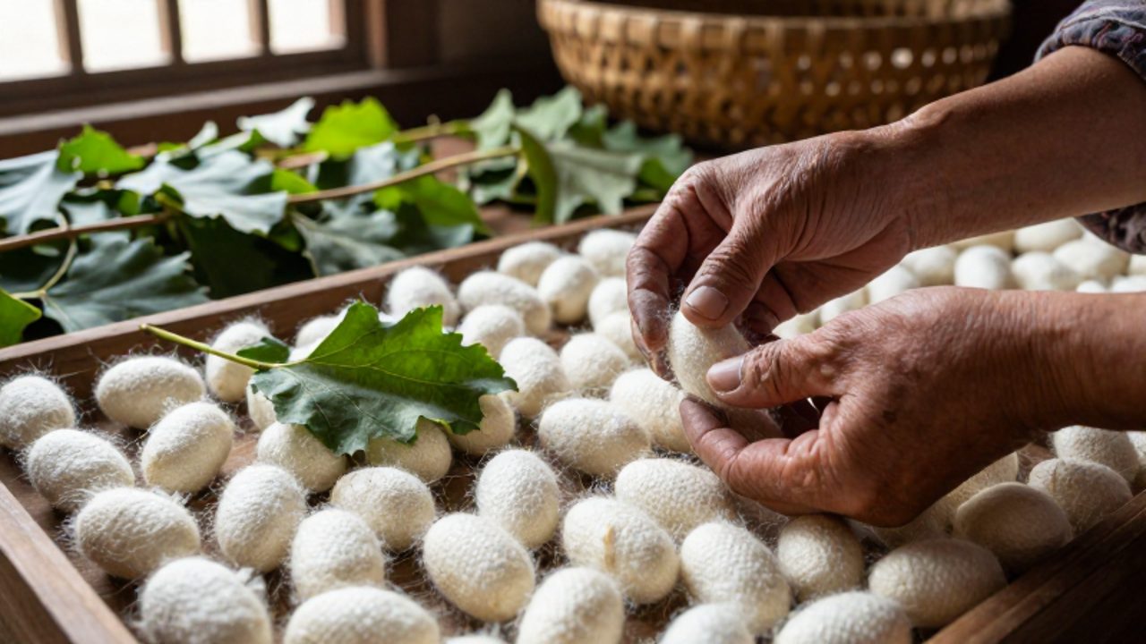 Manos expertas manipulan delicados capullos de seda blanca sobre una bandeja de madera con hojas de morera en un taller tradicional.