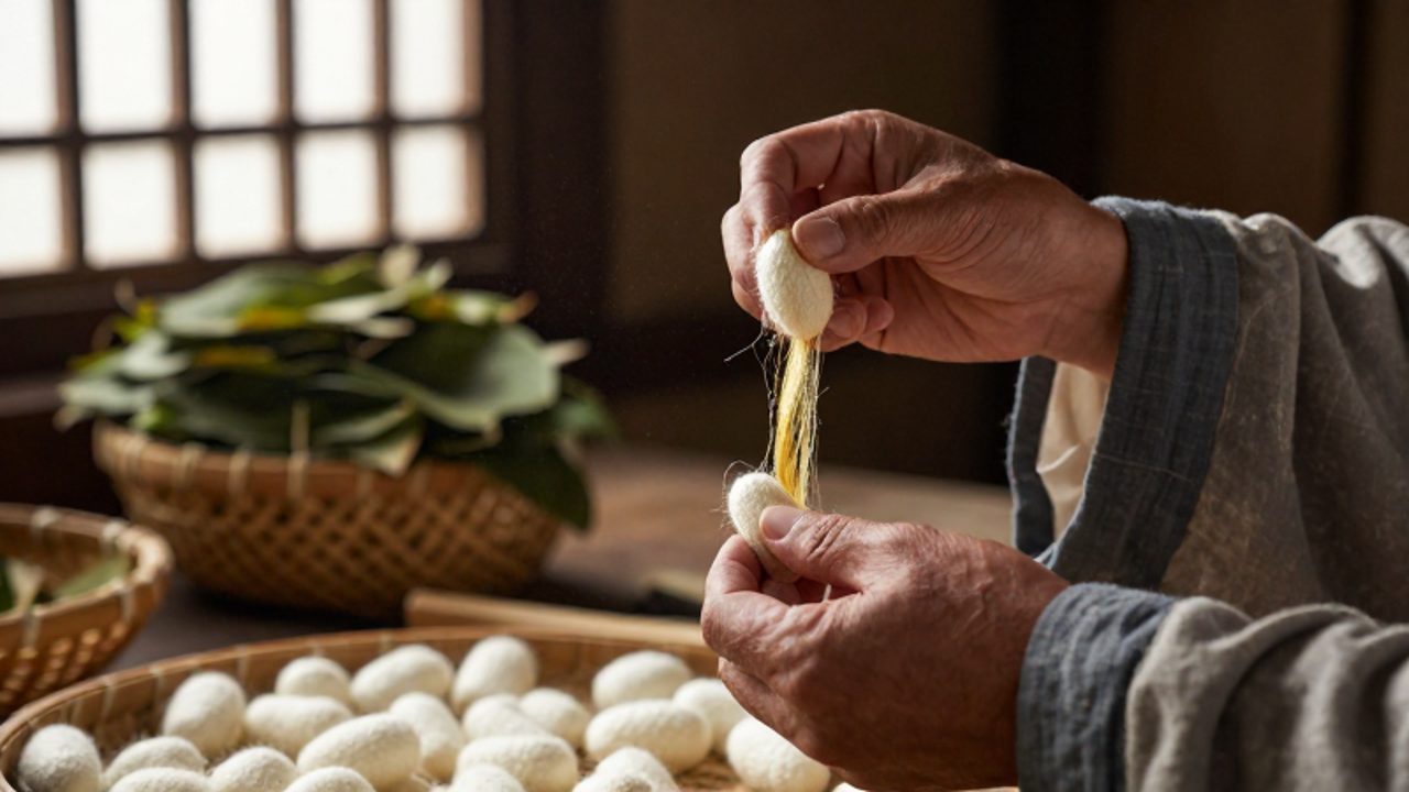 Manos de un erudito chino desenredando un hilo de seda dorado de un capullo blanco en un taller antiguo.