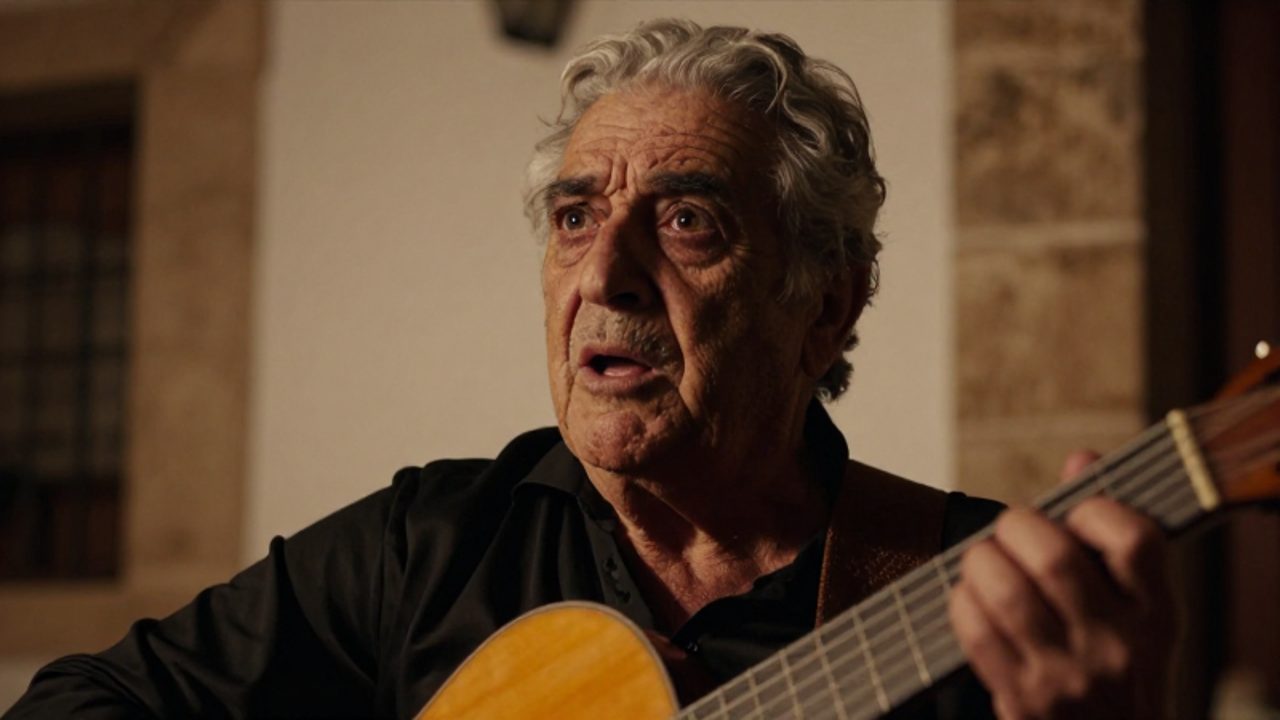 Primer plano de un cantaor anciano con expresión intensa durante una interpretación de cante jondo en un patio andaluz.