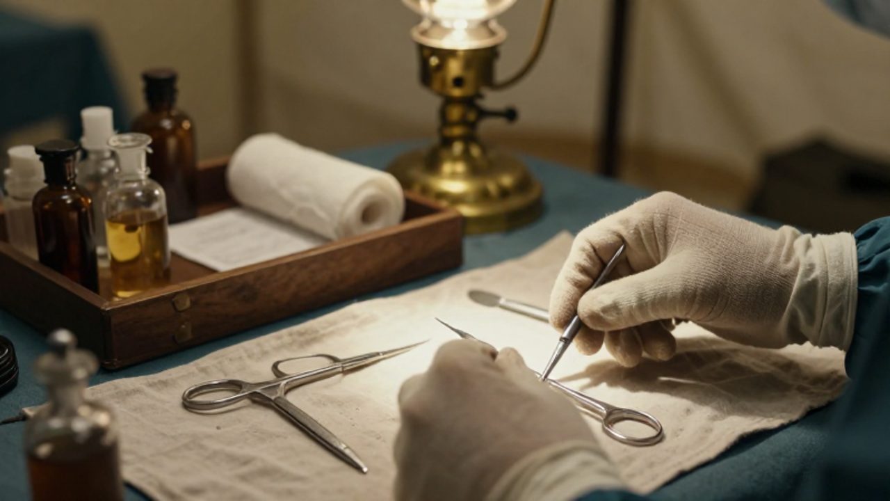 Manos de un cirujano manipulando instrumentos de plata y viales de anestesia sobre un lienzo en un hospital de campaña de la Primera Guerra Mundial.