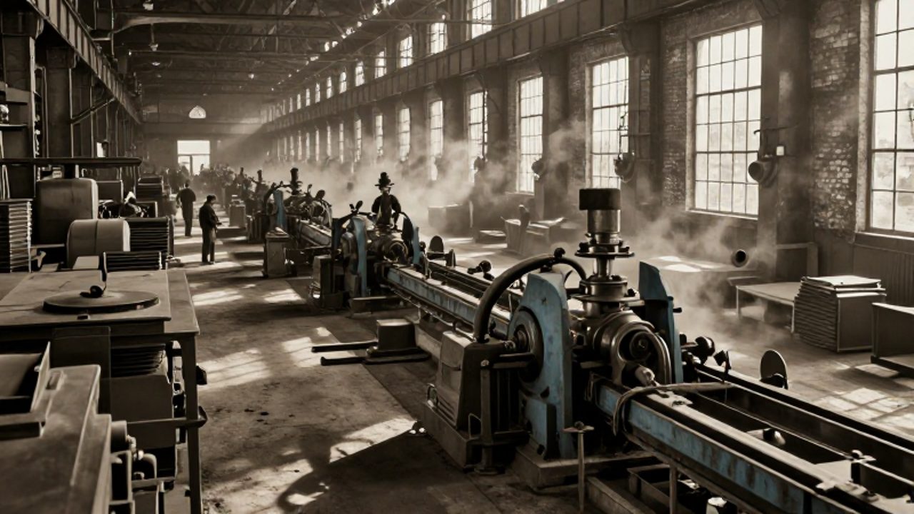 Trabajadores operan grandes líneas de montaje y maquinaria pesada en una fábrica de principios del siglo XX para la producción masiva de componentes industriales.