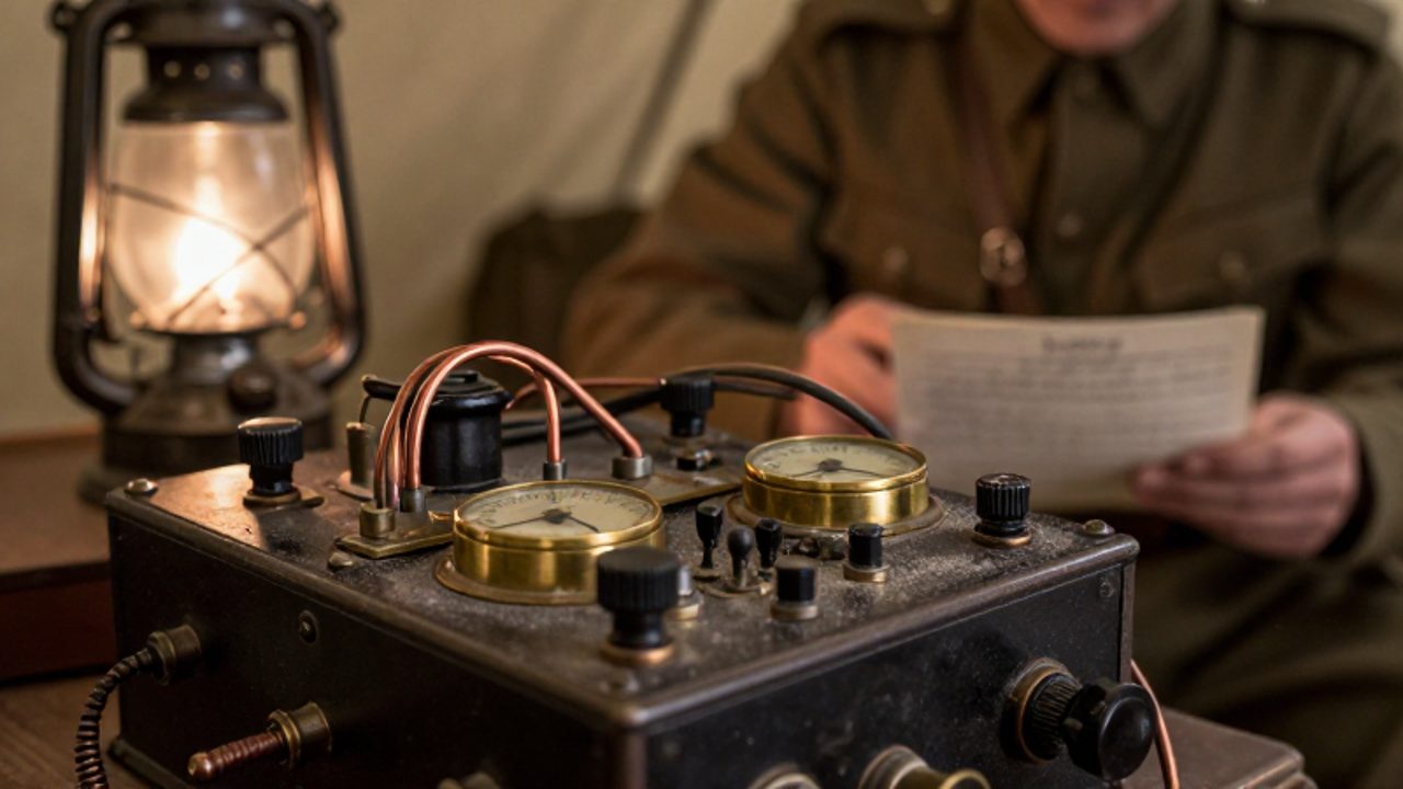 Equipo de radio de telégrafo inalámbrico de principios del siglo XX con diales de latón dentro de una tienda de campaña militar.