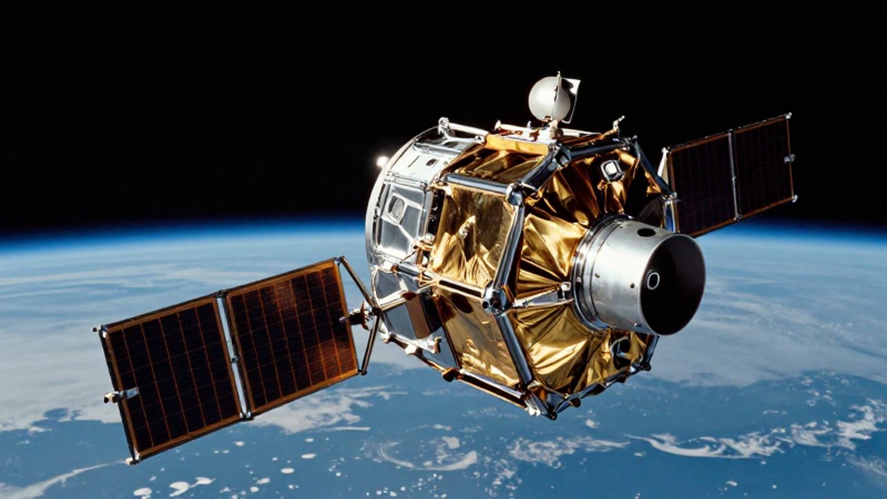 Satélite vintage de los años sesenta con paneles solares y recubrimiento dorado orbitando sobre la curvatura de la Tierra.