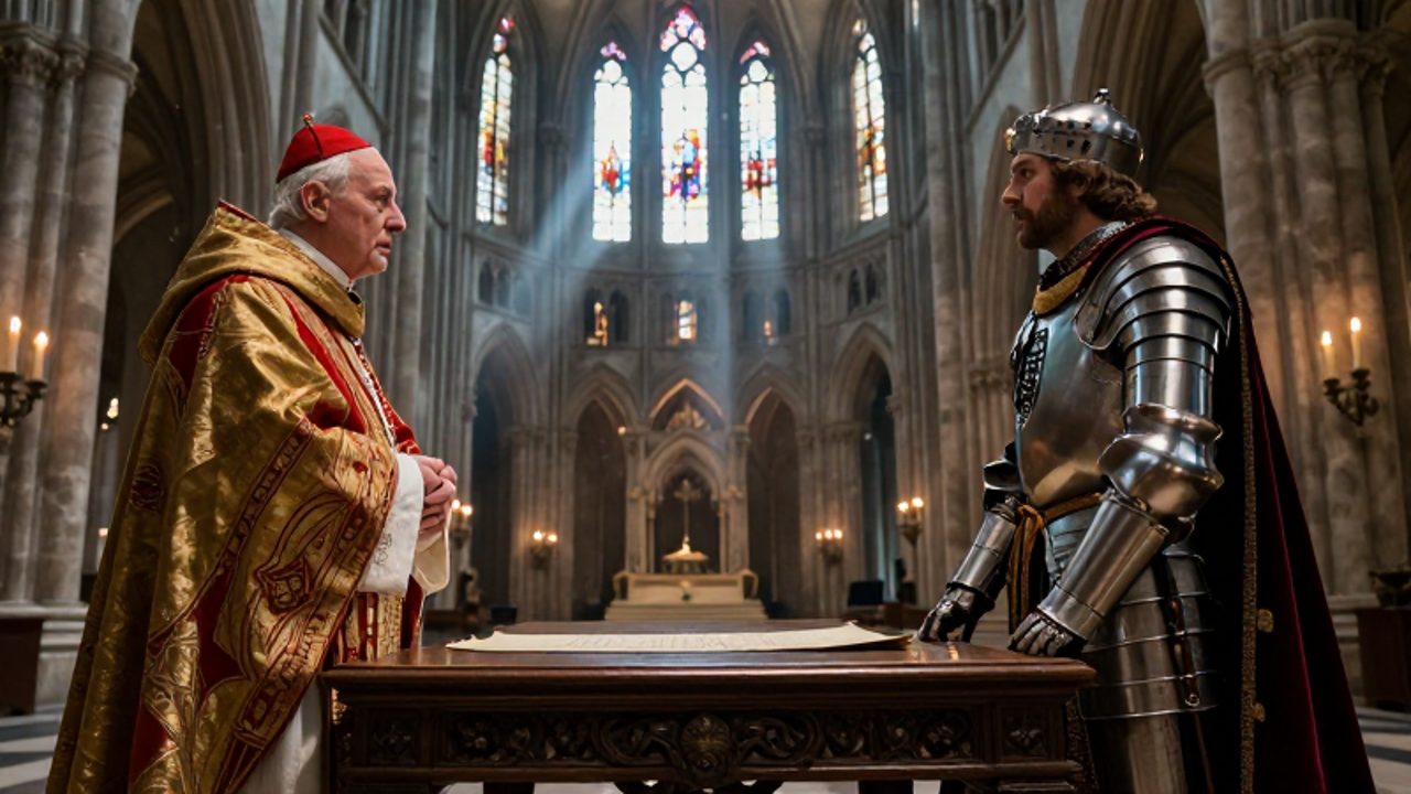 El Papa con vestiduras litúrgicas doradas y el emperador con armadura de acero mantienen una confrontación diplomática frente a un decreto sobre una mesa en una catedral gótica.