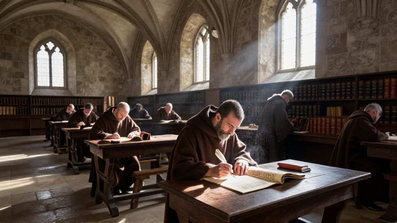 Monjes benedictinos trabajan en un escritorio de un monasterio medieval, iluminando manuscritos y organizando libros en un gran salón de piedra con luz natural.