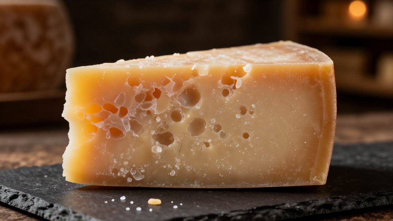 Primer plano de un trozo de queso Parmigiano Reggiano que muestra su textura granulada y los cristales de maduración sobre una superficie de piedra oscura.