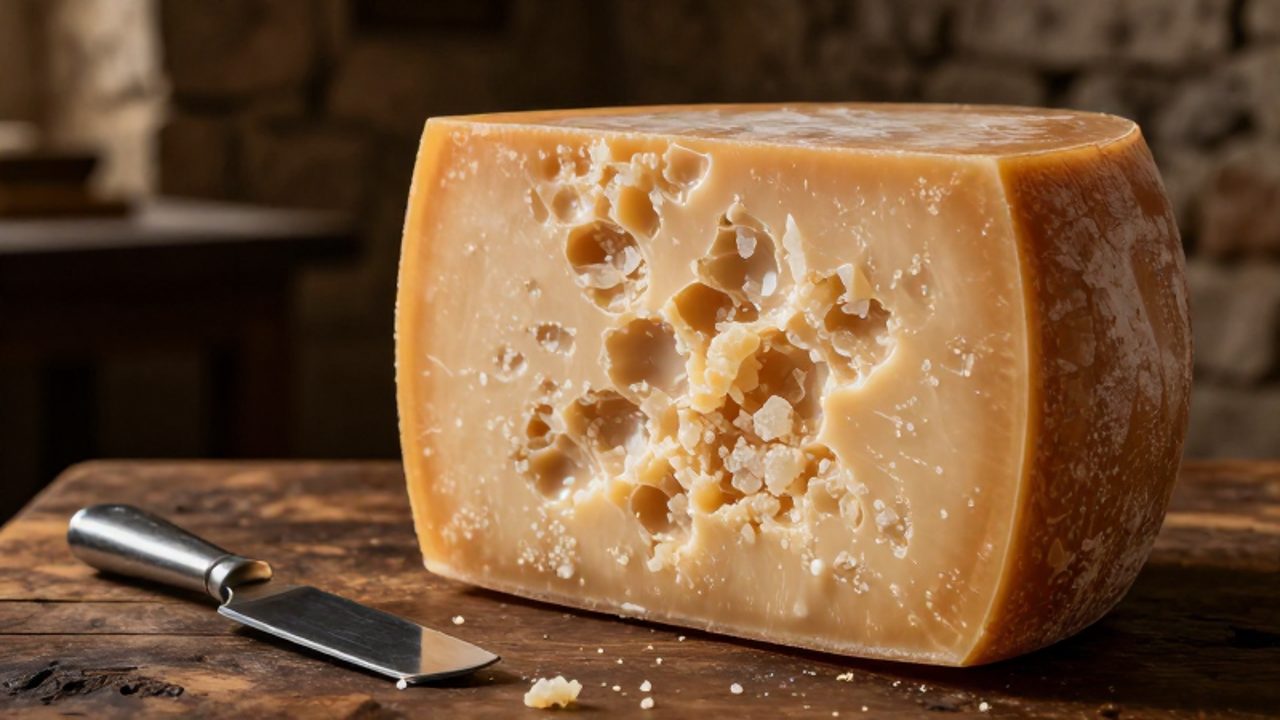 Primer plano de una rueda de queso Parmigiano Reggiano rota sobre una mesa de madera, mostrando su textura granular y cristales de tirosina en una bodega tradicional.
