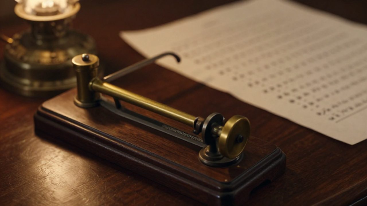 Llave de telégrafo antigua de latón sobre un escritorio de madera con un pergamino que muestra código Morse de fondo.