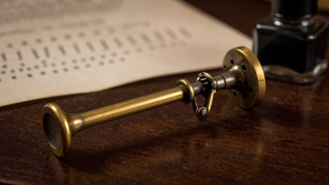 Un telégrafo de latón antiguo sobre un escritorio de madera junto a un pergamino con código Morse escrito a mano.