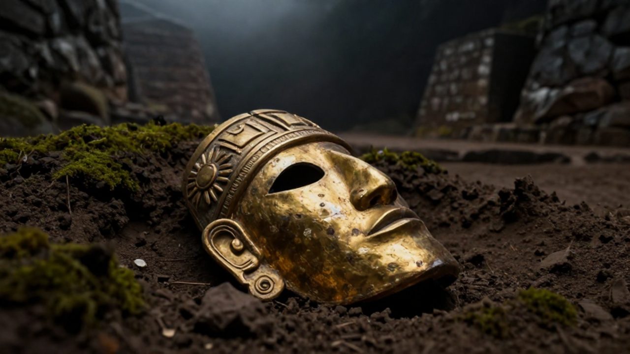 Máscara ceremonial de oro inca con motivos solares parcialmente enterrada en la tierra húmeda de una tumba andina.