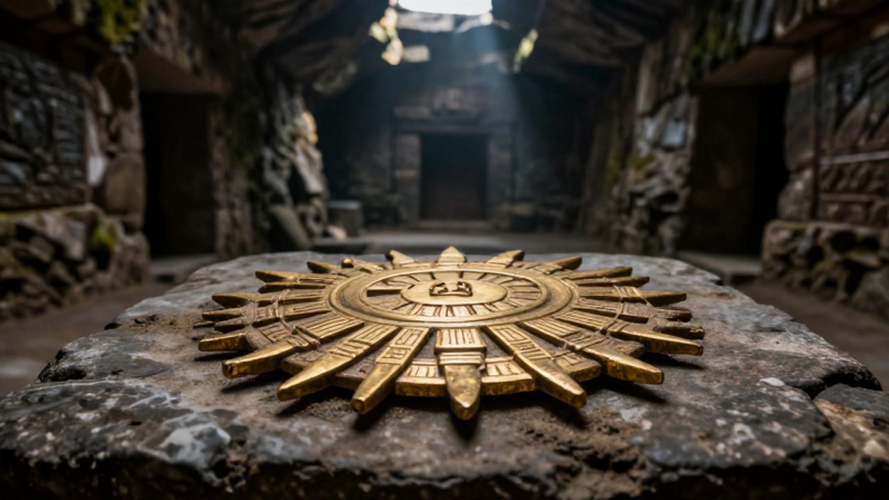 Un disco solar de oro con grabados geométricos sobre un altar de piedra en una cámara oscura de un templo andino.
