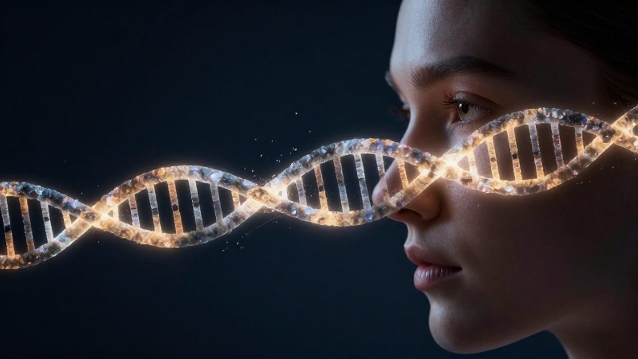 Perfil lateral de una persona con una cadena de ADN luminosa que se transforma en partículas orgánicas y texturas fluidas sobre su rostro.