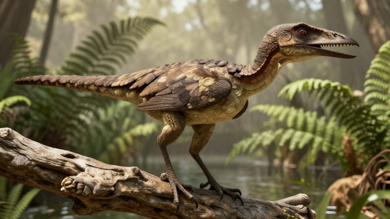 Archaeopteryx con plumas primitivas, dientes y cola ósea posado sobre una rama en un entorno de vegetación jurásica.