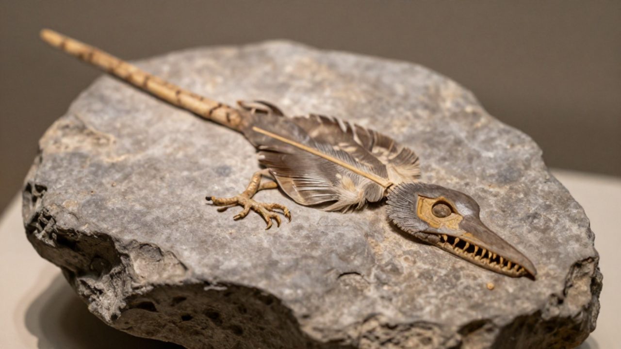 Fósil de Archaeopteryx incrustado en piedra caliza que muestra detalles de sus plumas, mandíbulas con dientes y una cola ósea larga.