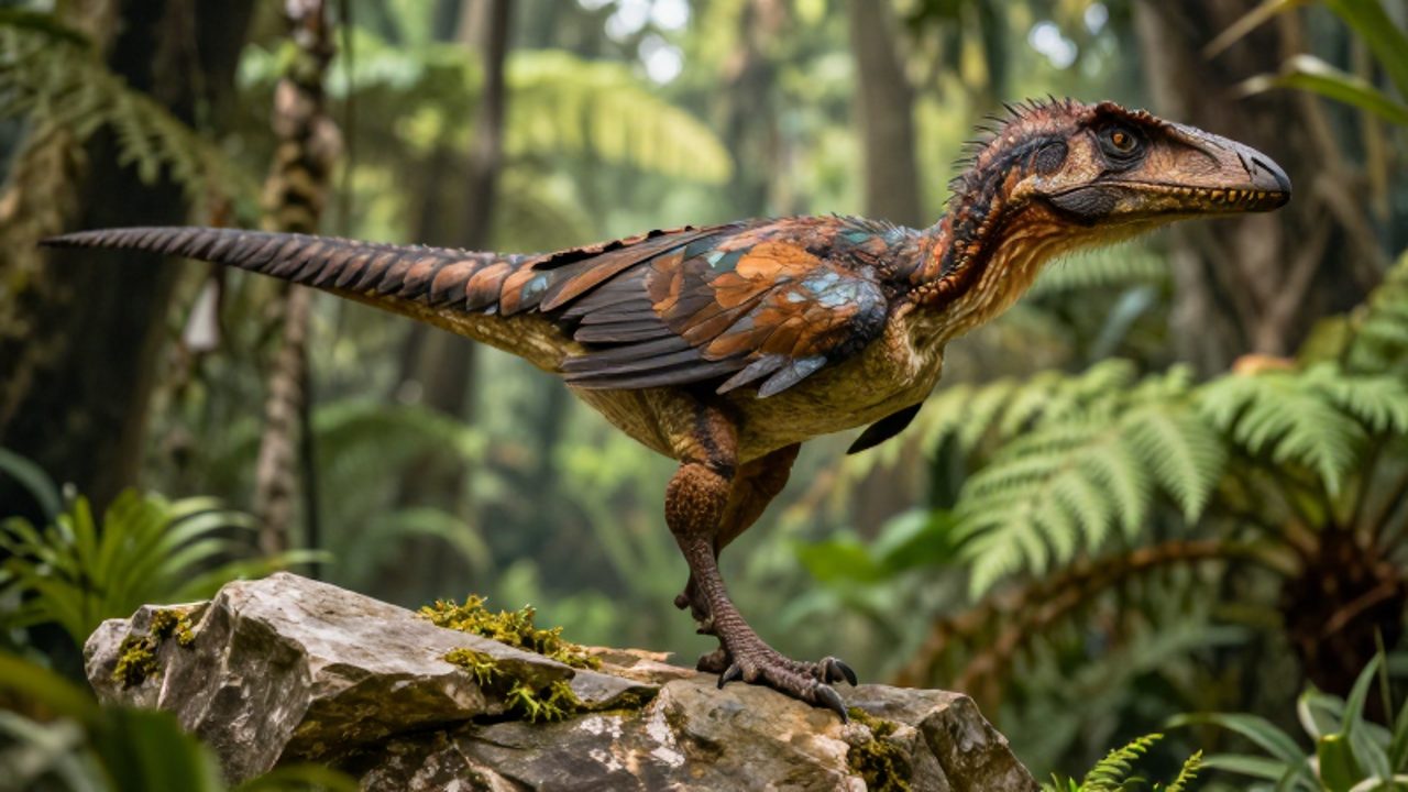 Archaeopteryx con plumas y cola ósea largo posado sobre una roca con musgo en un entorno de selva prehistórica.
