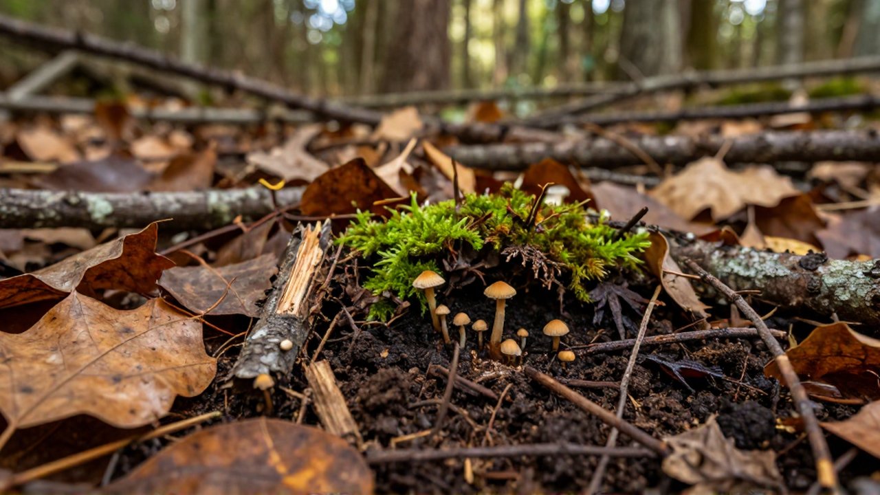 Hojas de otoño en descomposición, ramas y pequeños hongos crecen sobre tierra húmeda y musgo.