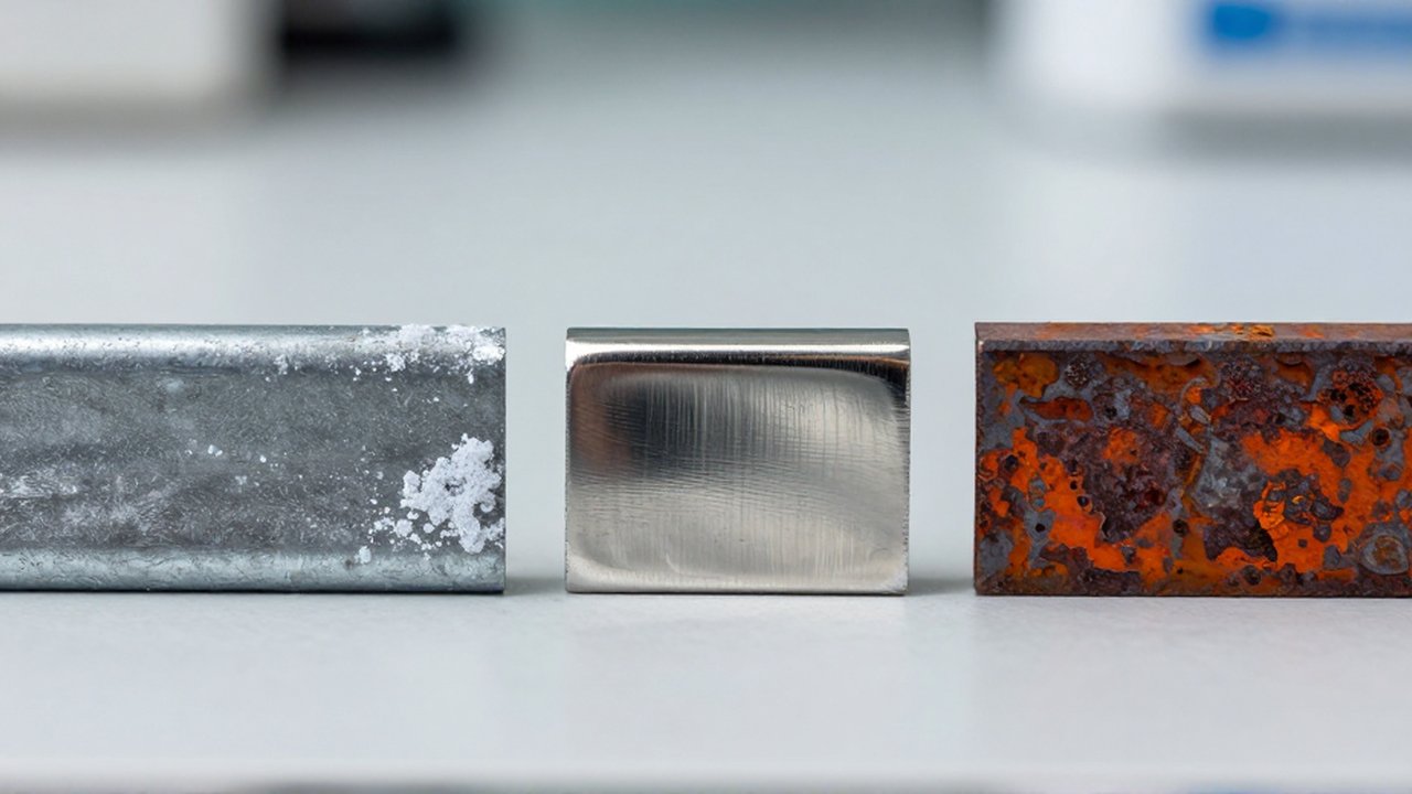 Tres fragmentos metálicos de acero galvanizado, acero inoxidable brillante y hierro oxidado sobre una mesa.